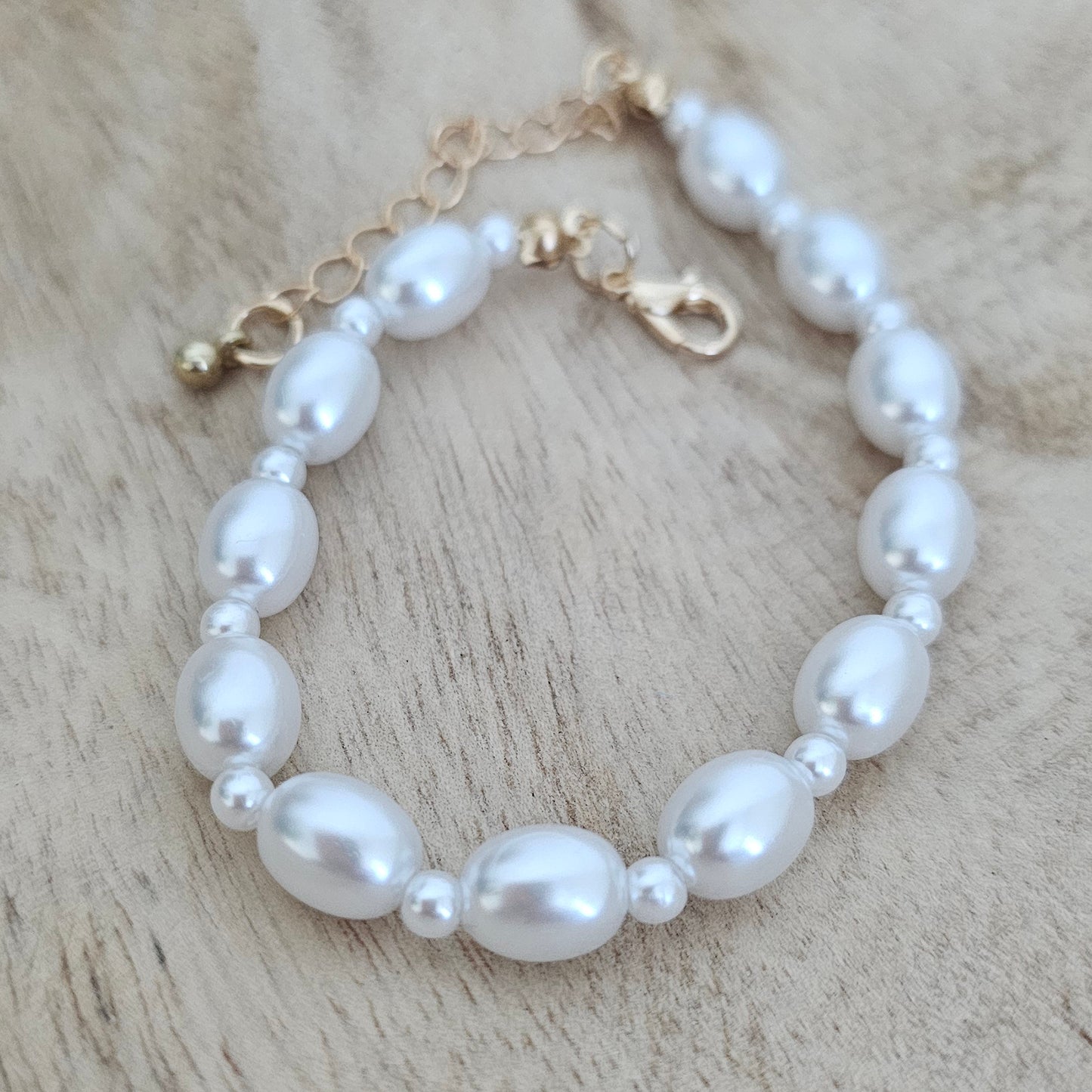Custom Charm Bracelet Gold Pearl Chain Upclose