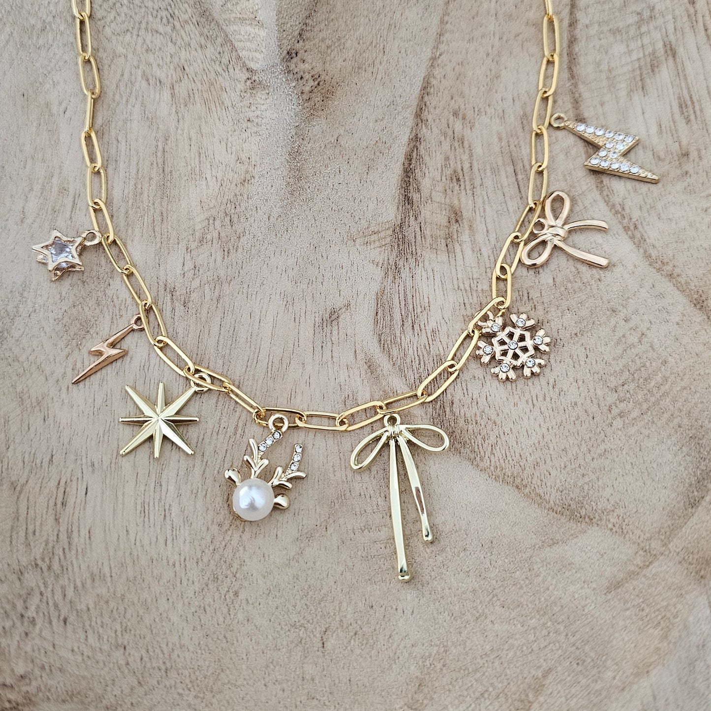 Gold Christmas Charms Custom Charm Necklace Snowflake Reindeer and Bows