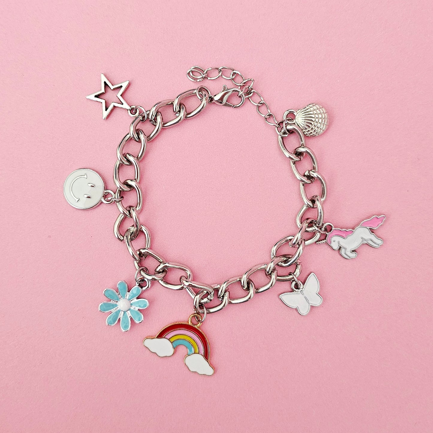 Silver Chunky Custom Charm Bracelet Blue Flower