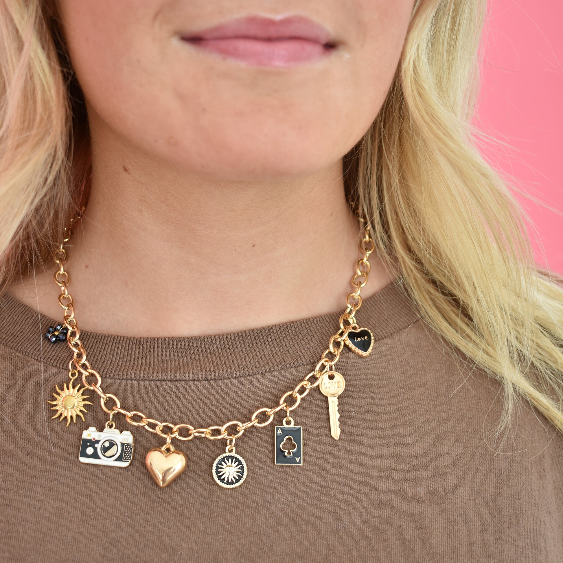 Custom Charm Necklace Gold Black Bead Flower