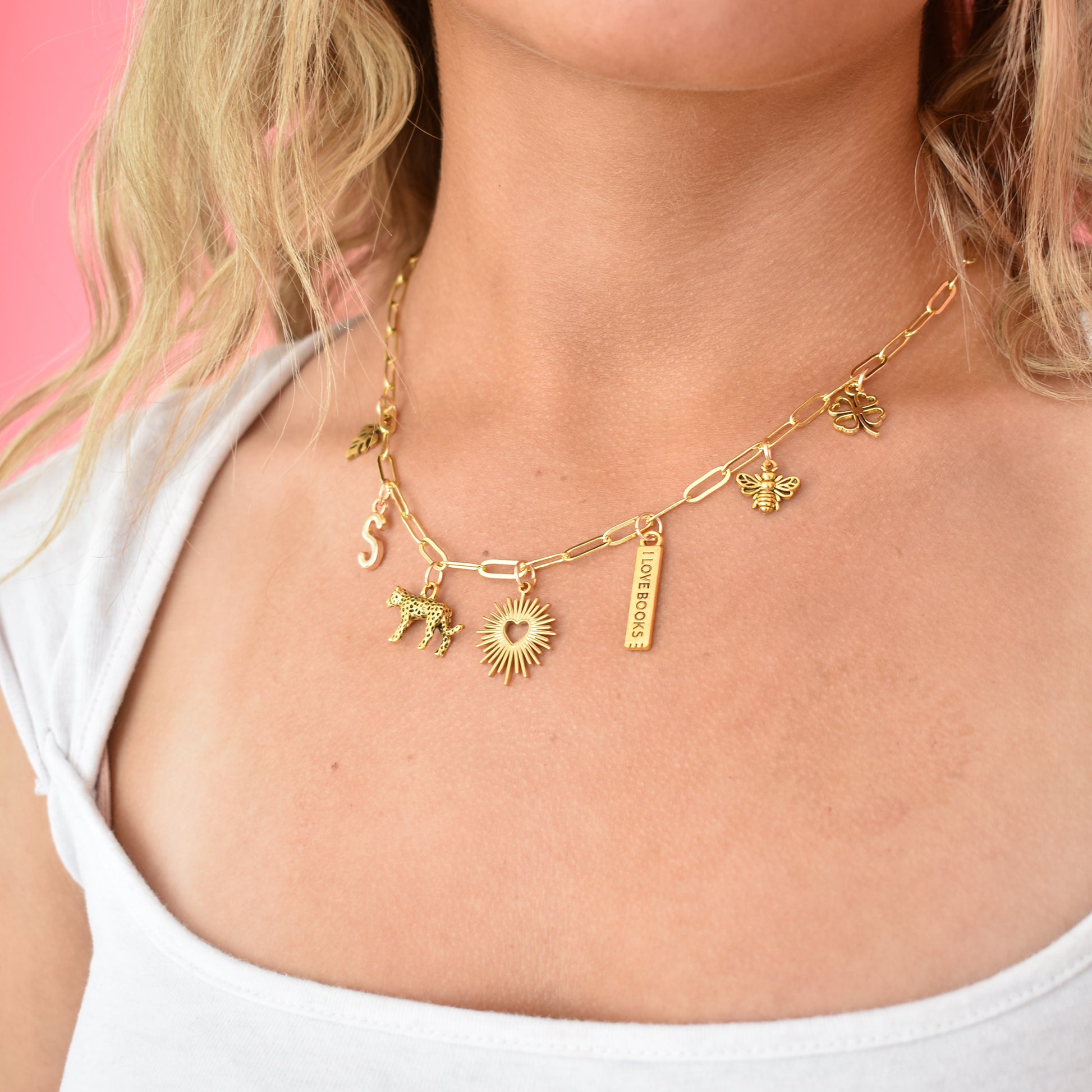 Custom Charm Necklace Gold I Love Books