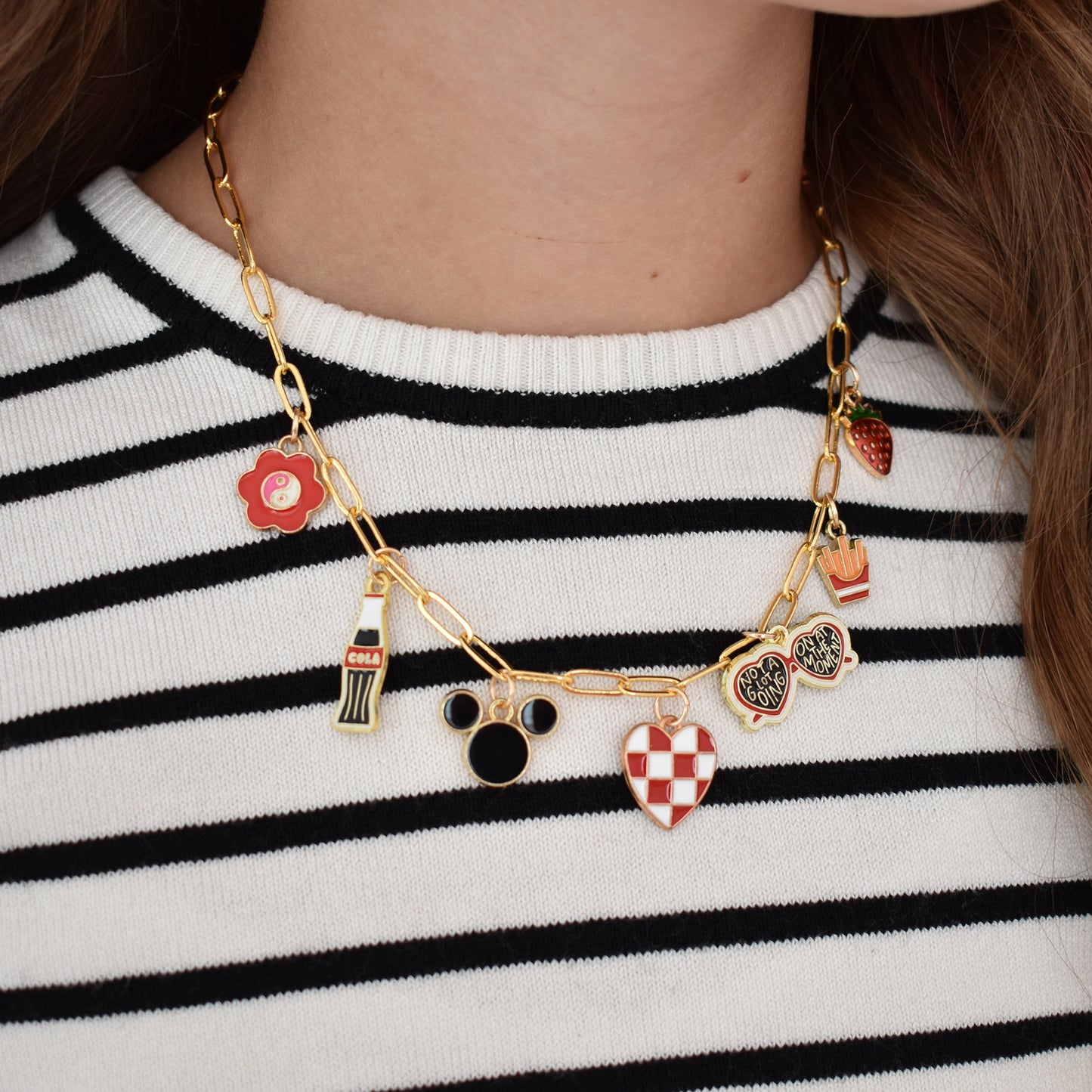 Custom Charm Necklace Gold Red Check Heart