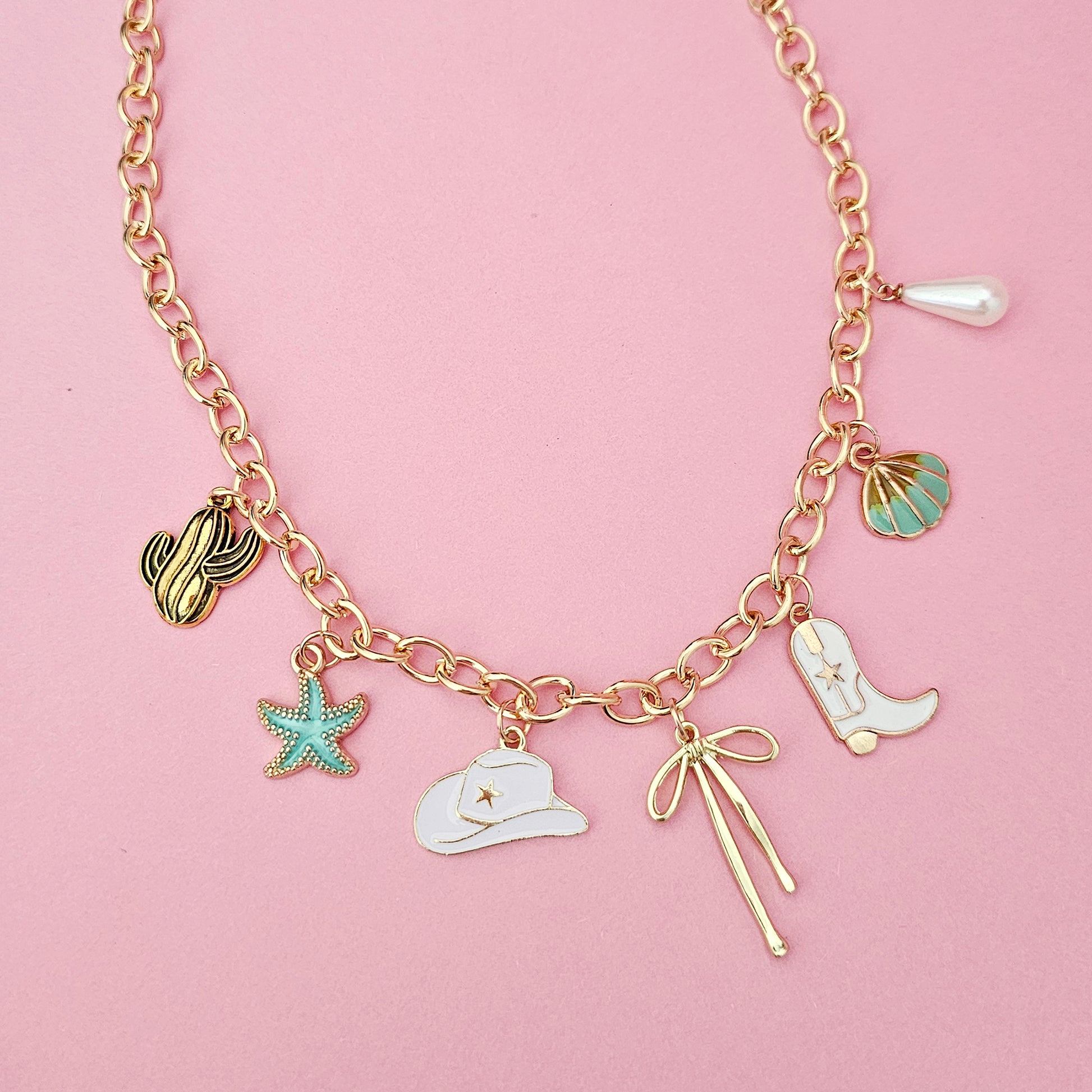 Gold Link Custom Charm Necklace Gold Bow