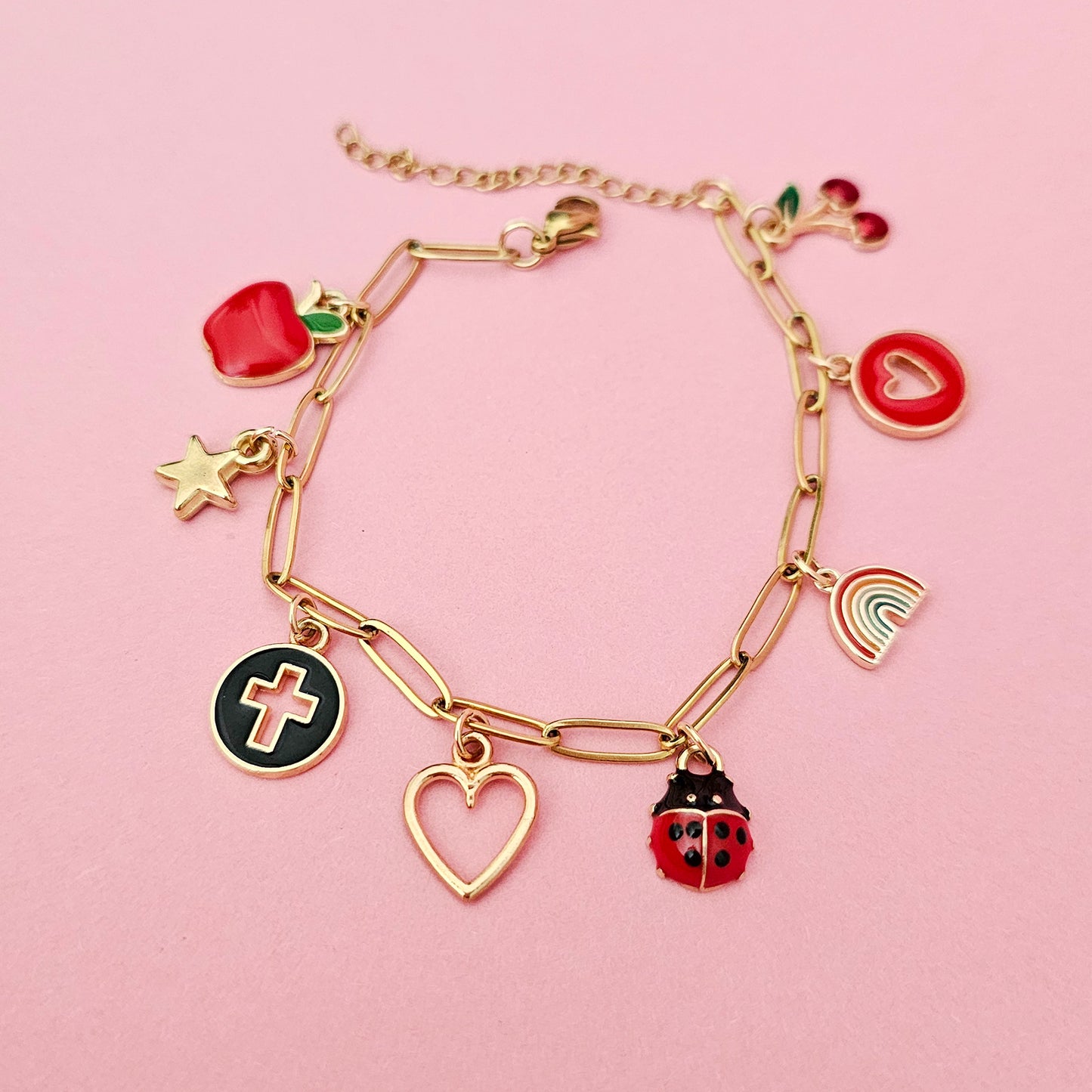 Gold Paperclip Custom Charm Bracelet Rainbow Charm