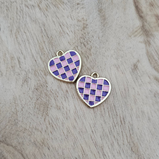 Pink and Purple Checkered Heart Charm Custom Charm Necklace