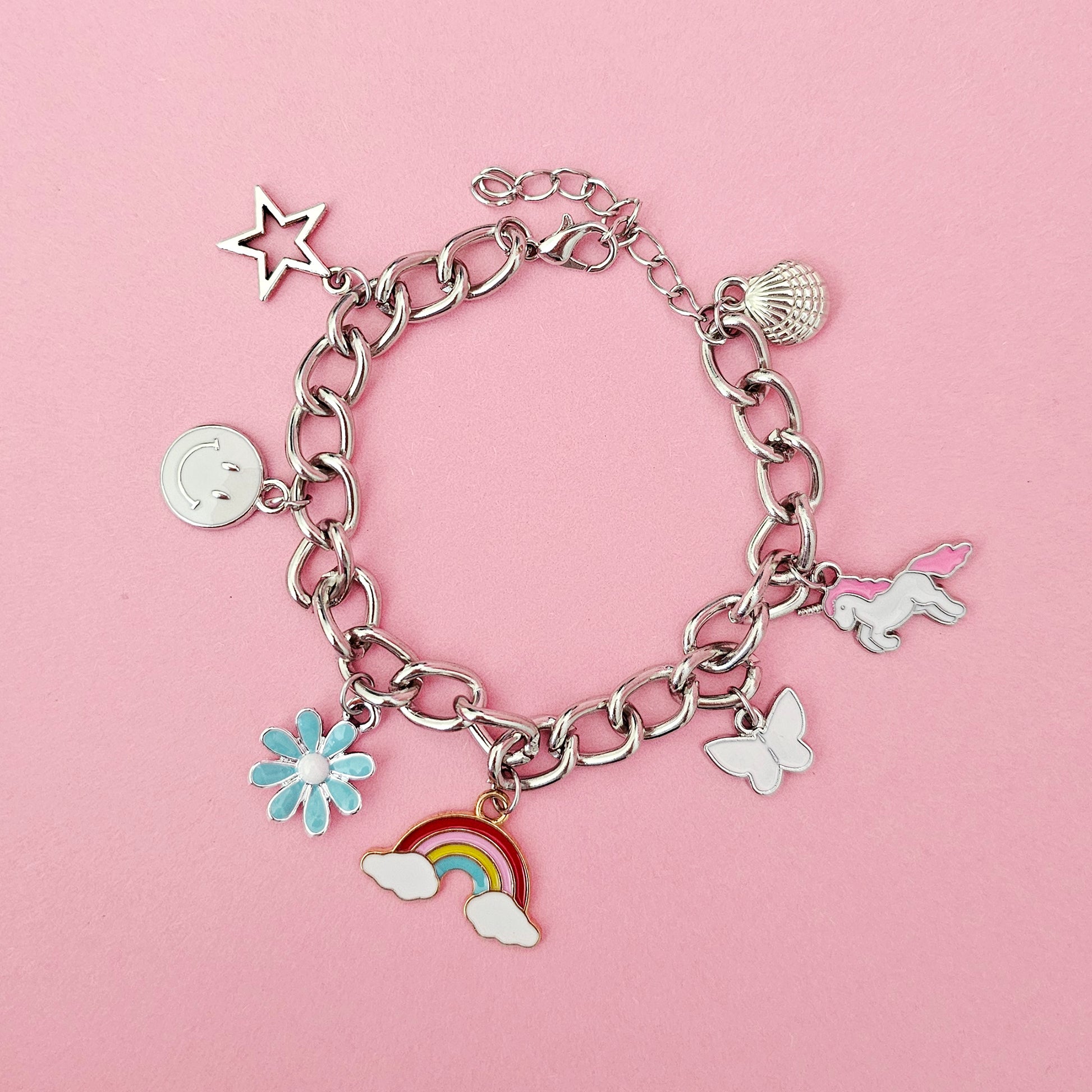 Silver Chunky Custom Charm Bracelet Blue Flower